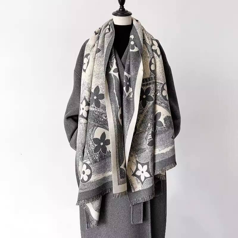 Autumn and Winter New Faux Cashmere Paris Eiffel Tower Vintage Pentagram Print Double-sided Warm Scarf Shawl
