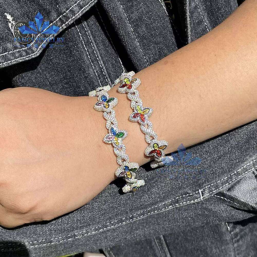 2025 Colorful Marquise Eye Moissanite Four-Leaf Clover Sier Cuban Chain Bracelet Gold-Plated Men's Women's Party Jewelry Gift
