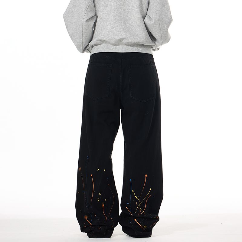 Men's Jeans Unisex Autumn American High-Street Trendy Brand Splatter-Print Wide-Leg Straight-Leg Floor-Grazing Jeans - Edgy Cool Loose Fit