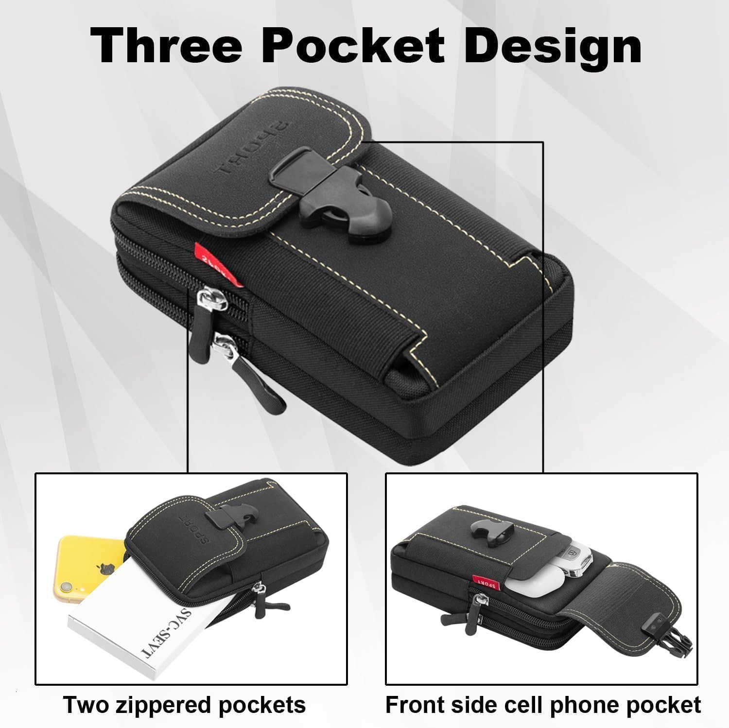 Phone Holster with 2 Zippered Pouce Phone Holder for Belt Men for iPhone for Belt Pouches Belt Bag for Men Black Black Z250910