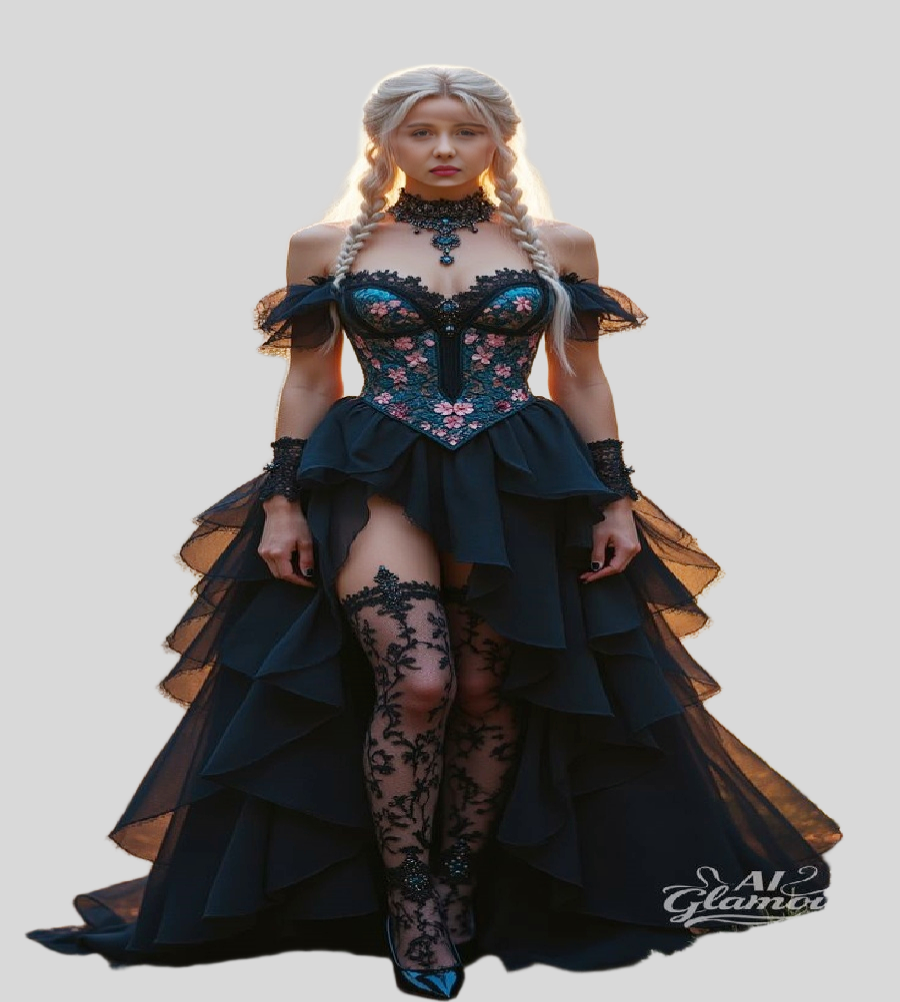Sexy Black Hi Low Evening Dress With High Slit Pink Flowers Bohemian Prom Dress Ruffles Costume Halloween Party Gowns Elegant Birthday Ceremony Dress 