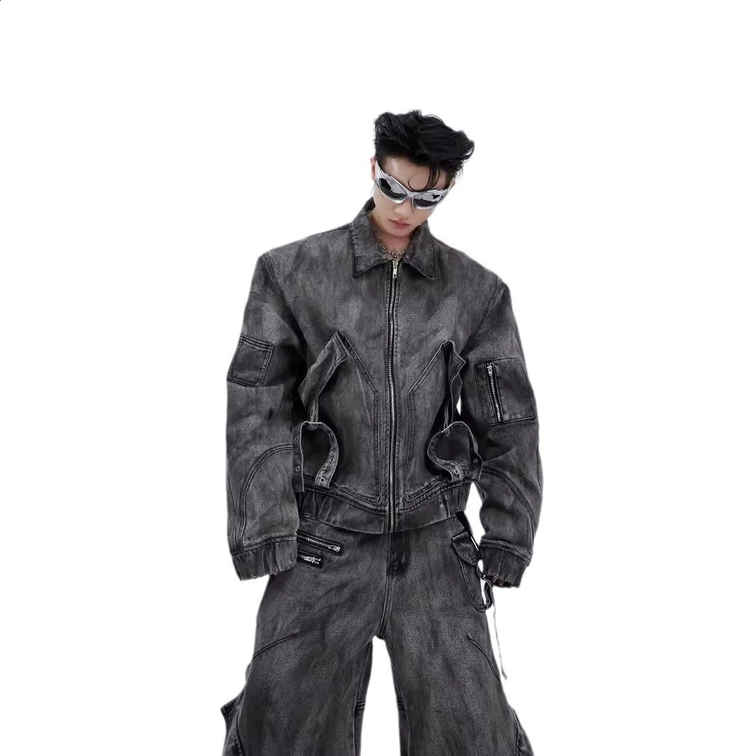 NOYMEI fashion mens denim two-piece set solid color autumn winter black cargo wide leg jeans short jacket WA3035 241030