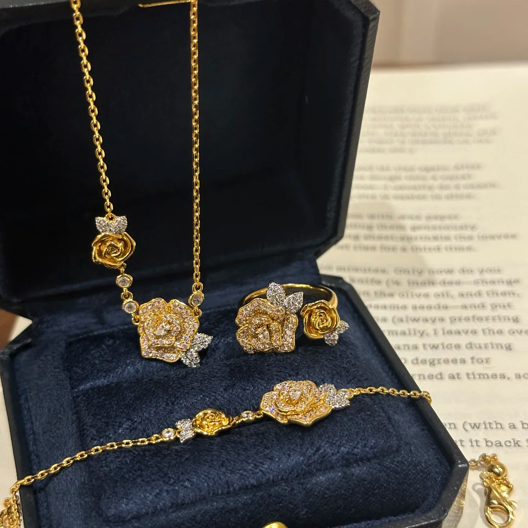 Luxury Brand Designer Jewelry French Retro Full Diamond Twin Rose Necklace For Women, Light Luxury Camellia Bracelet, Style Vintage Ring