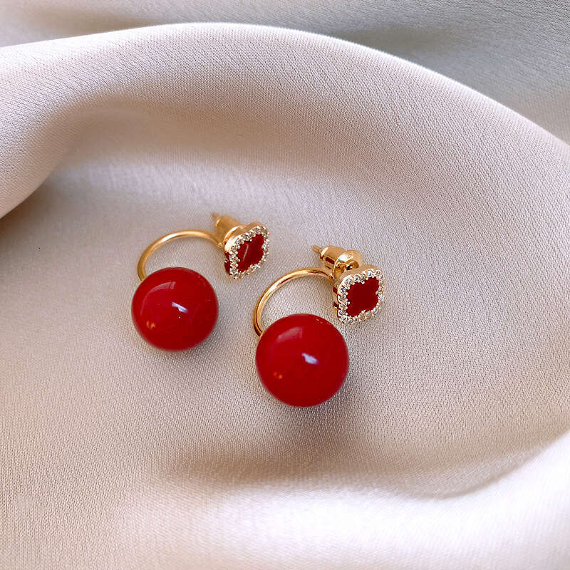 Real Gold Plated Sier Needle Red Round Bead Zircon Flower Niche Design Earrings French High-end Sense Ear Jewelry