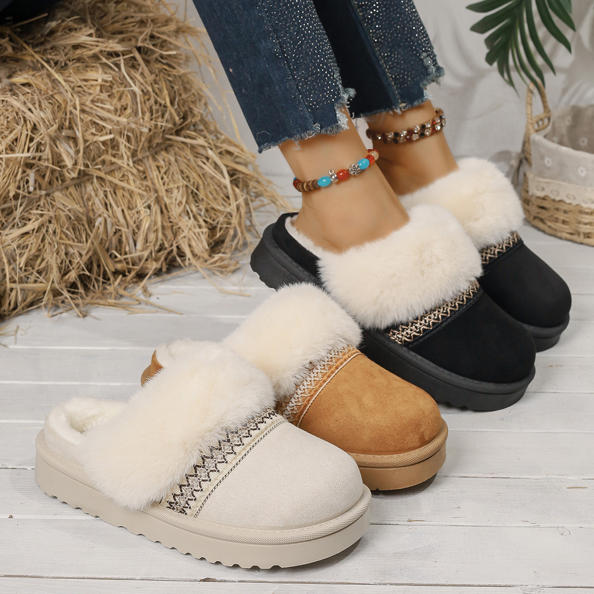 Free shipping Designer Boots Winter Fashion Commuter Thick Bottom with Velvet Thickened Warmth Snow Boots Baotou Slippers beige