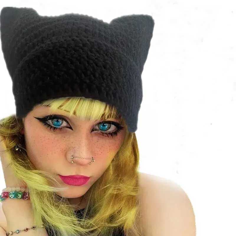 Crochet Hats for Women Men Cat Ear Bonnet Girl Knitted Lazy Style Punk Y2k Cute Slouchy Beanies Loose Fit Handmade Skullies BoysXJ250910