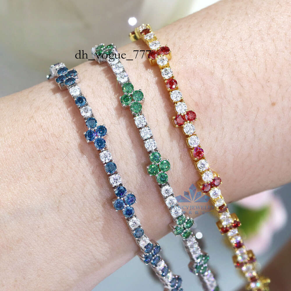 New Arrival 3mm VVS Moissanite Dia Iced Four Leaf Clover Cross Tennis Chain Bracelet Sier Fashionable Femme Design