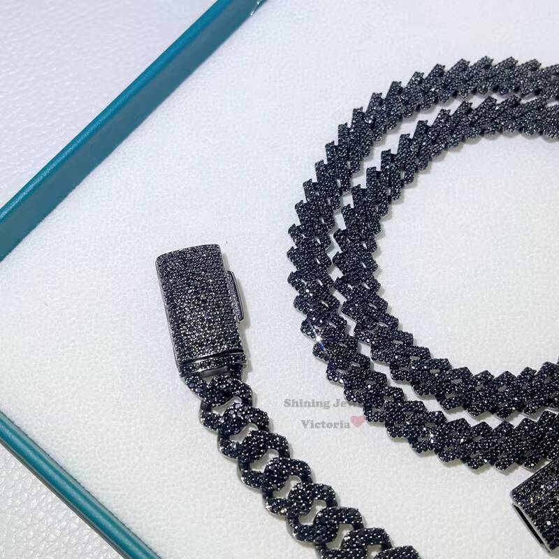 Guangzhou Shining Jewelry 10MM Sterling Silver Hip Hop Iced Out Black Moissanite Cuban Chain