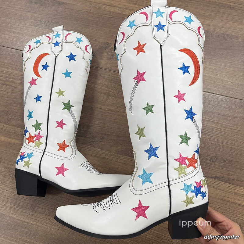 White Boots Star Western Knee High Shoes For Women Plus Size 43 Cowgirl Vintage Embroider Botte Cowboy Femme 240724 ddmywonder