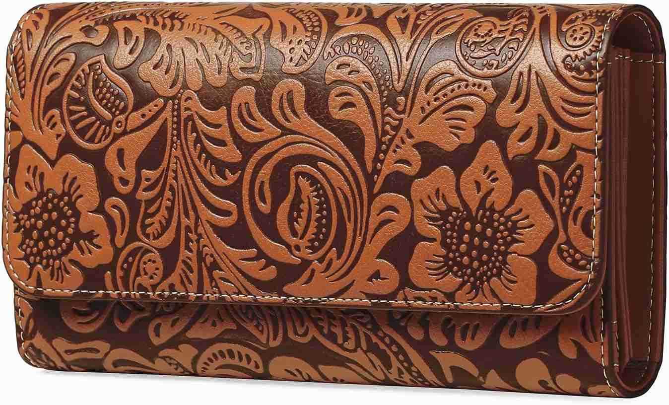 Womens Wallet RFID Blocking Long Clutch Ladies Purse Vegan Leather Embossed Flower BrownZ250910