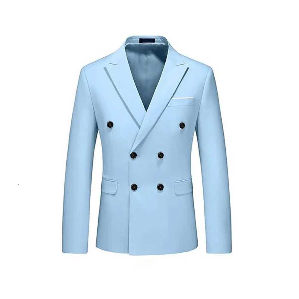 Double Breasted Men Suits Peak Lapel Sky Blue Flat Front Regular Length 2 Piece Jacket Pants Set Prom Party Costume Homme Blazer W250910
