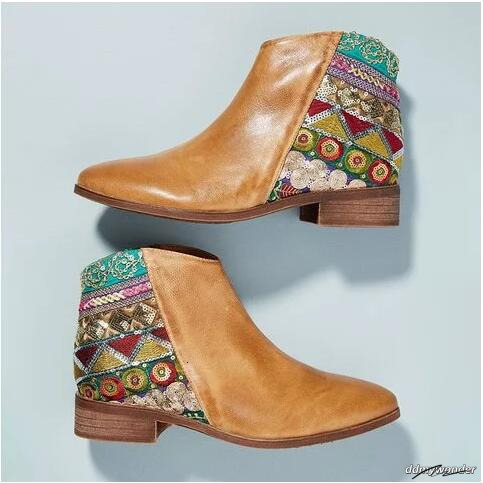 2019 New Women Embroider High Ankle Boots Wine Red Flock Leather Plus Size Zipper Rivet Flower Shoes ddmywonder ddmywonder ddmywonder ddmywonder