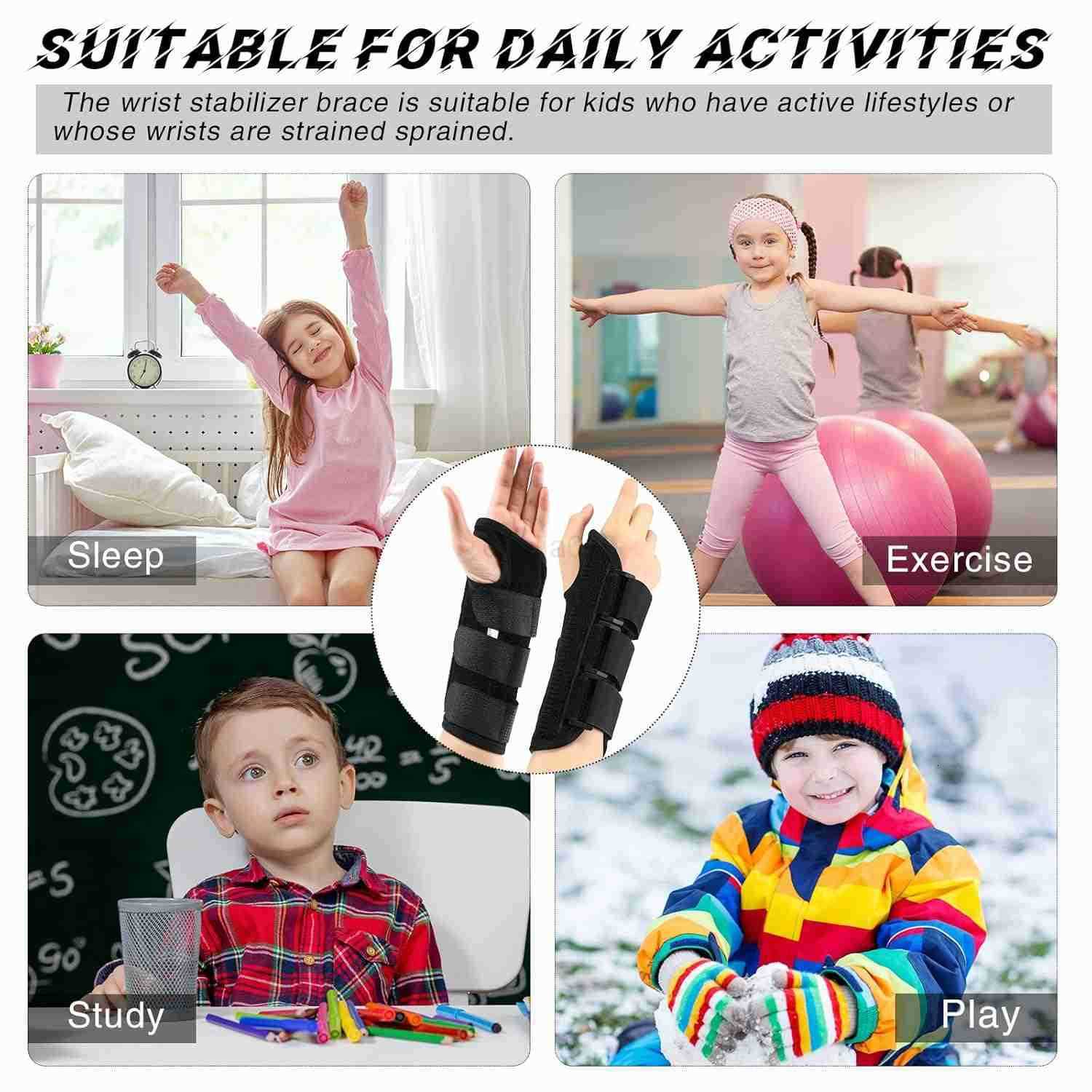 2 Pcs Wrist Brace for Kids Youth Carpal Tunnel Black Splints Wrist Brace Night Support with Adjustable Compression Straps for Children Sports Sleep Ag
