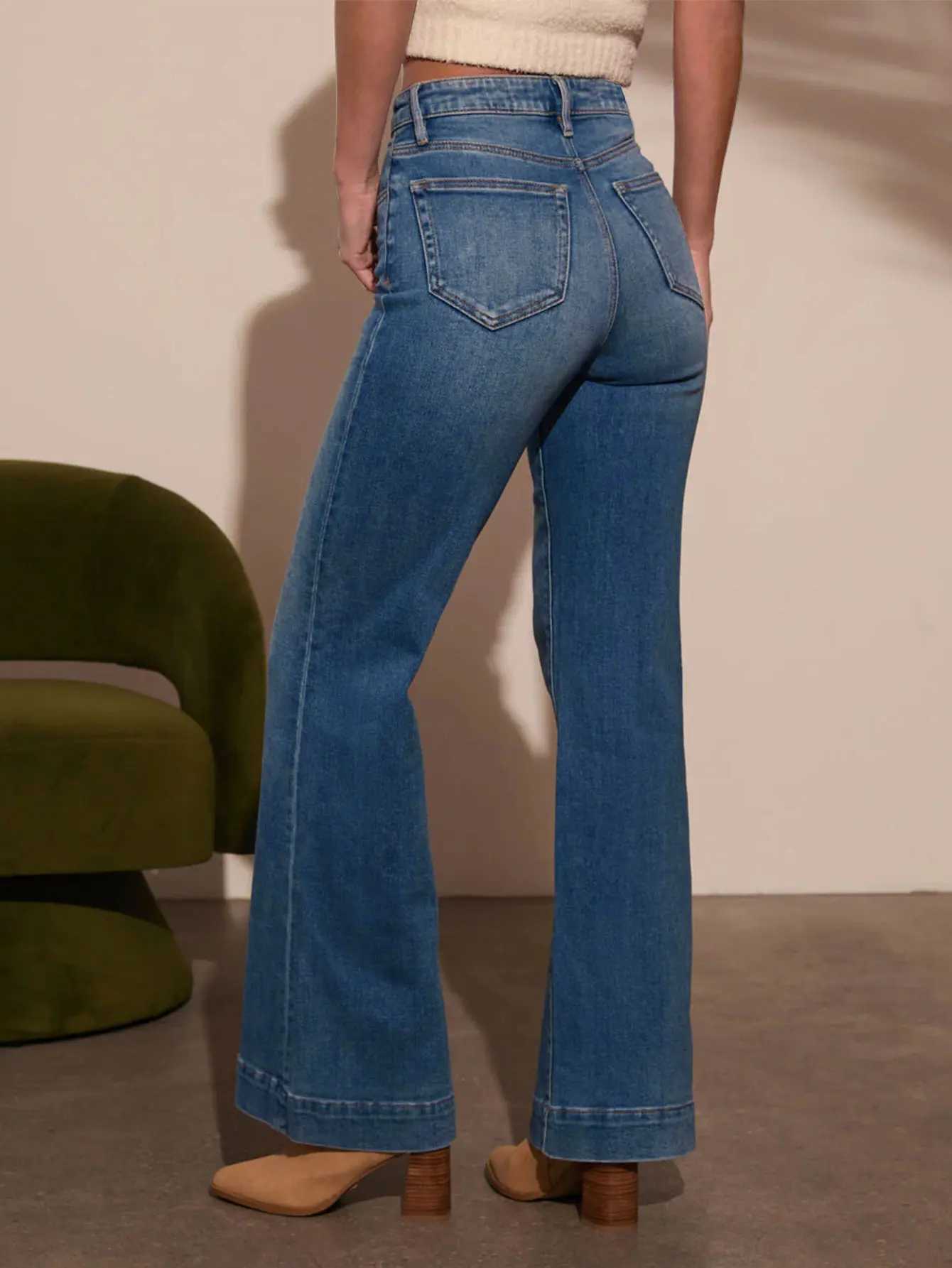 Autumn new womens dark blue high waist straight jeans slim fit wide leg version stretch denim fabric elegant intellectual jeans Z250910