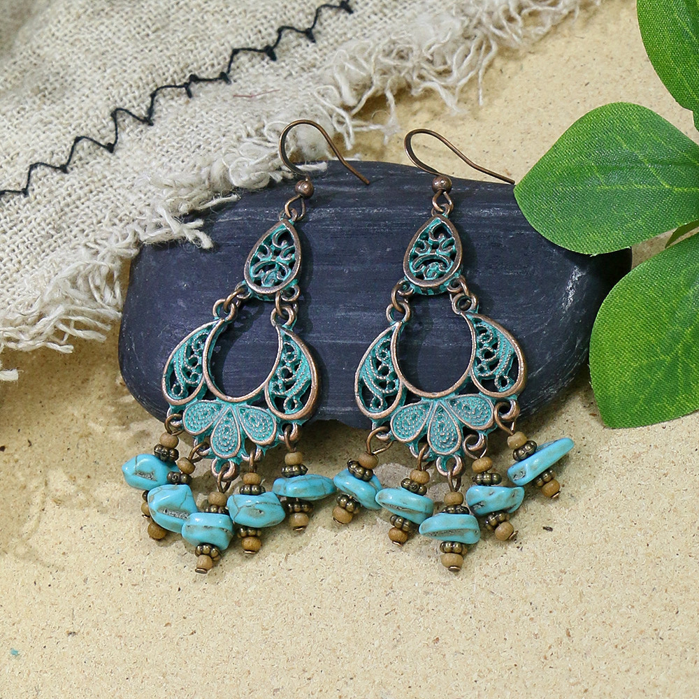 Bohemian Turquoise Tassel Earrings for Women Geometric Alloy Fringe Drop Earrings Retro Vintage Statement Jewelry