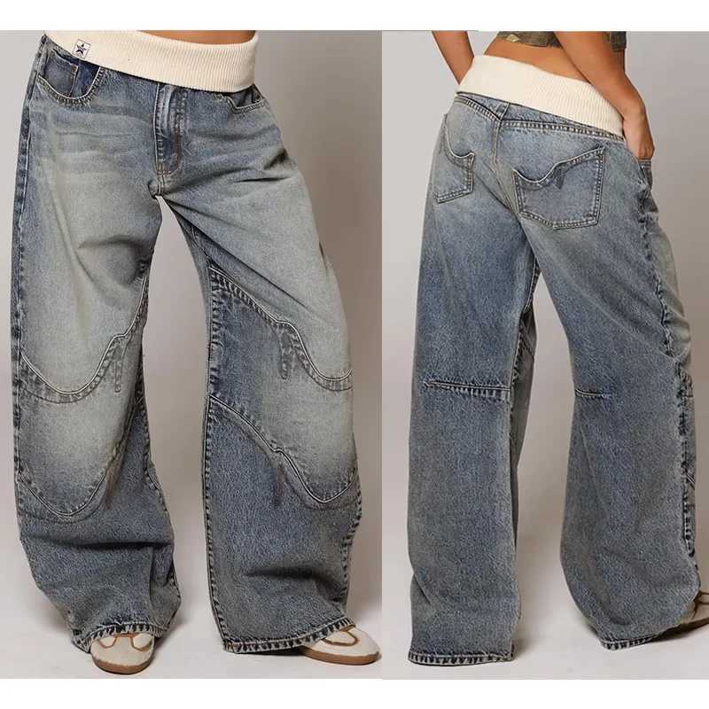 Baggy Retro Jeans for Women Y2k Hip Hop Splice Fashion Jeans Basics Simple Wide Leg Pants Cargo Pants American Street Clothes Z250910