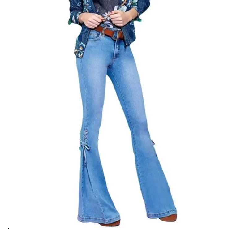 Full Length Flare Pants Women Jean Washed Denim Pants Zipper Fly Loose Fit Pockets High Waist Basics Lace Up Vintage Solid Z250910