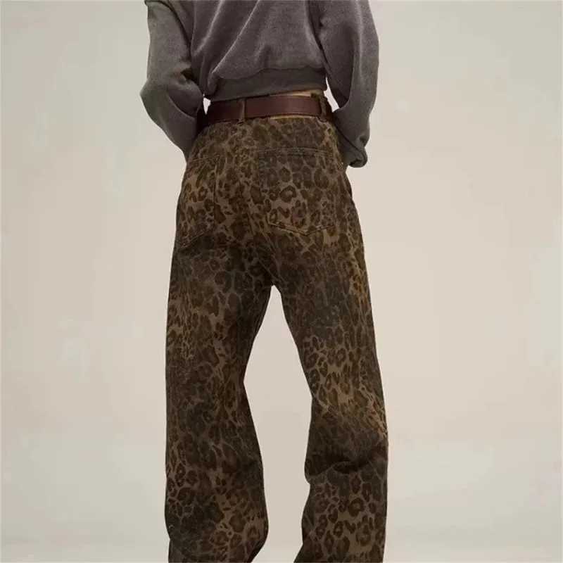 American vintage leopard print jeans female autumn winter new design sense small straight tube overalls casual pants Z250910