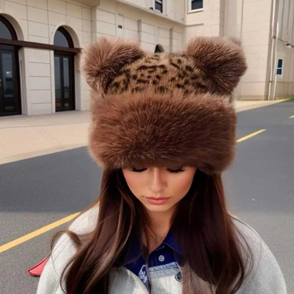 Ear Protection Russian Hat Leopard Print Fluffy Fur Winter Hat Outdoor Snow Ski C Bear Ears Plush Thick Warm Bucket HatXJ250910