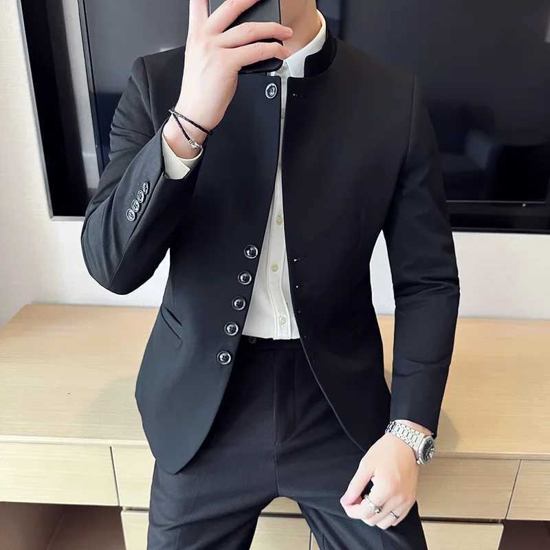 Highquality New Chinese Style Mens Suit Standing Collar Slim Fit ClassicBlazerPantsSolid Color Black 2 Pcs Wedding Dress W250910