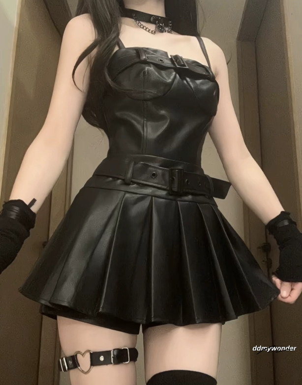 Denim And Skirt Y2k Pu Leather Patchwork Black Skiing Set Haruku Gothic Sexy Zipper Mini Jacket ddmywonder ddmywonder ddmywonder