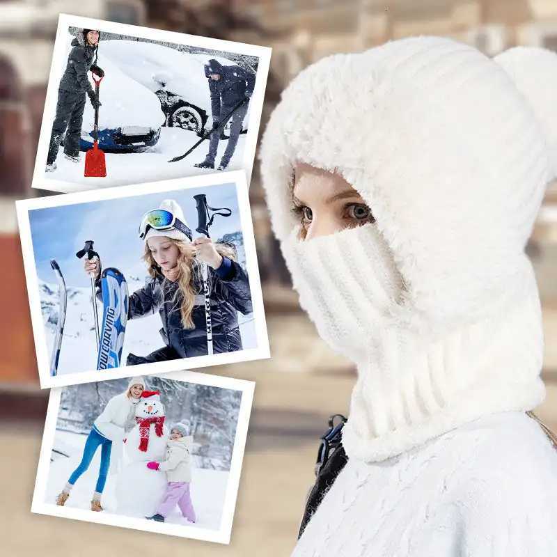 Winter Fleece Lined Knitted Hat with Ear Fls Windproof and Warm Hooded Neck Gaiter for Outdoor SportXJ250910