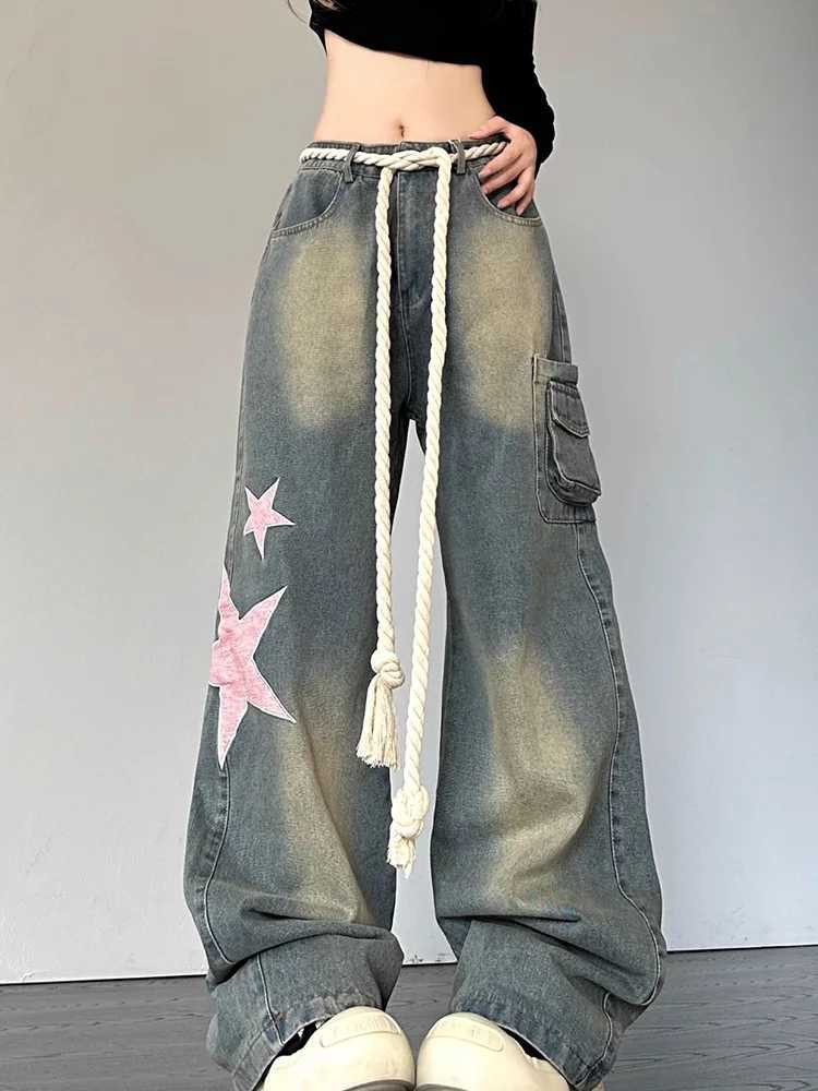 Women Fashion Wide Leg Baggy Jeans Streetwear Vintage Baggy Denim Pants Lady Korean Retro Patchwork Red Heart Oversized Trousers Z250910