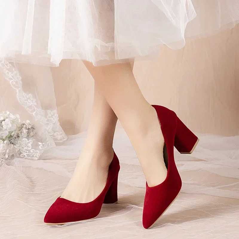French Red Wedding Shoes for Women 2024 SpringSummerAutumn New Pointed Thick Heels Not Tiring Feet Bride Shoes W250910