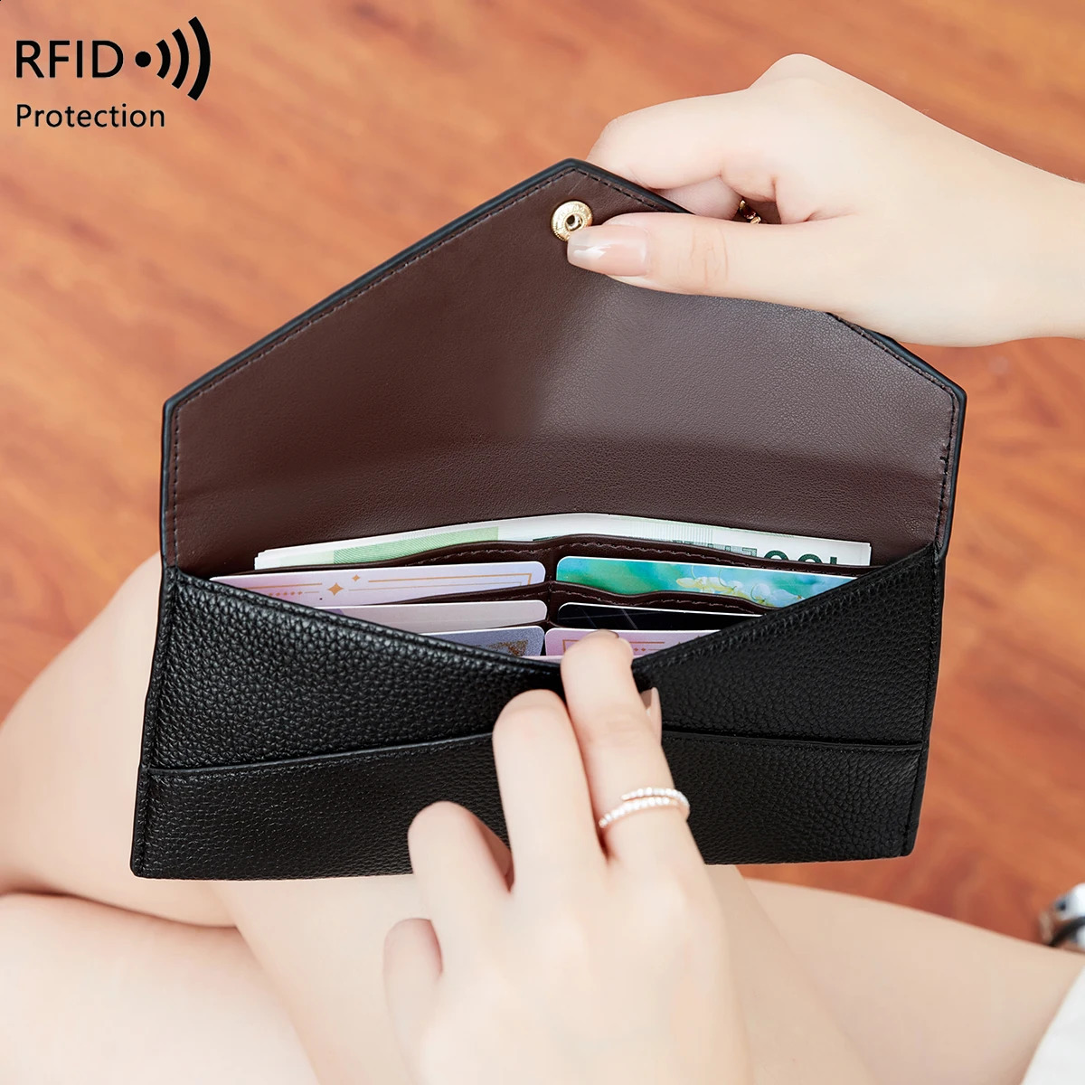 RFID AntiTheft Purse for Women Lychee Print Soft Leather Envelope Long Wallet Ultrathin Portable Simple Hand Bag250906