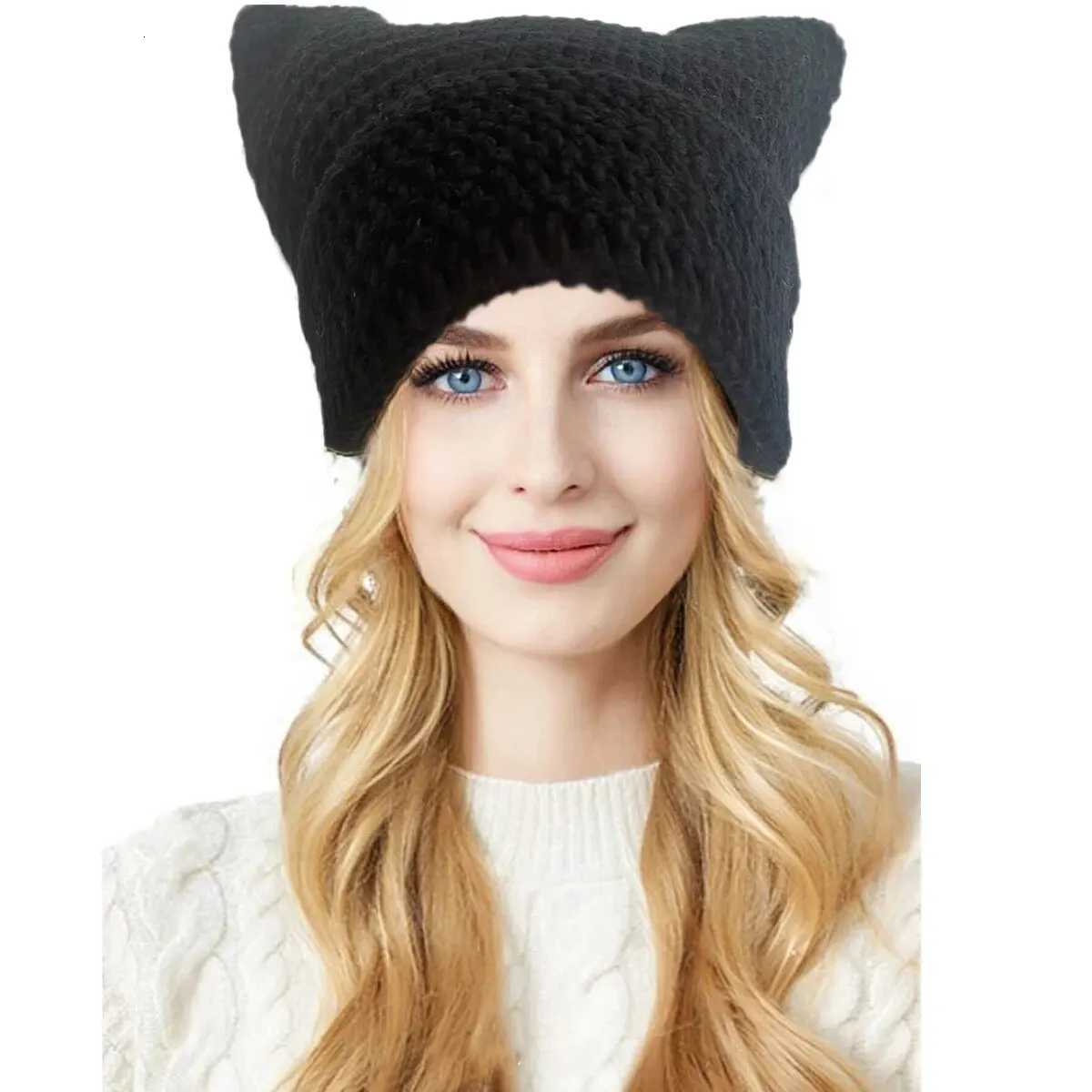 Crochet Hats for Women Men Cat Ear Bonnet Girl Knitted Lazy Style Punk Y2k Cute Slouchy Beanies Loose Fit Handmade Skullies BoysXJ250910
