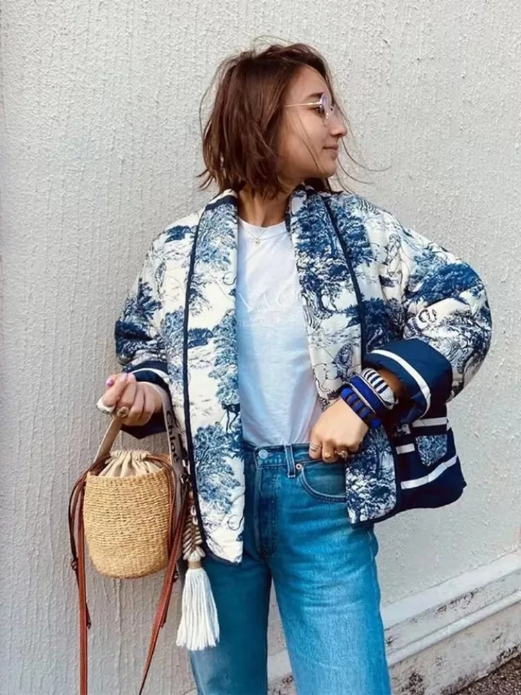 Women's Retro Print Contrast Jacket Coat Lapel Long Sleeve Double Pocket Casual Cardigan Fall Winter Female Chic Overcoat