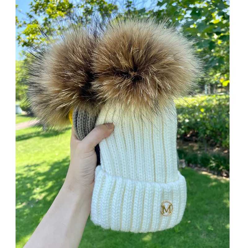 Real Raccoon Fur Ball hats Winter Hat C Kids Boy Girl Aldult Warm Big Fur Pom Poms Ski Hat Fur Pompoms Hat 2022XJ250910