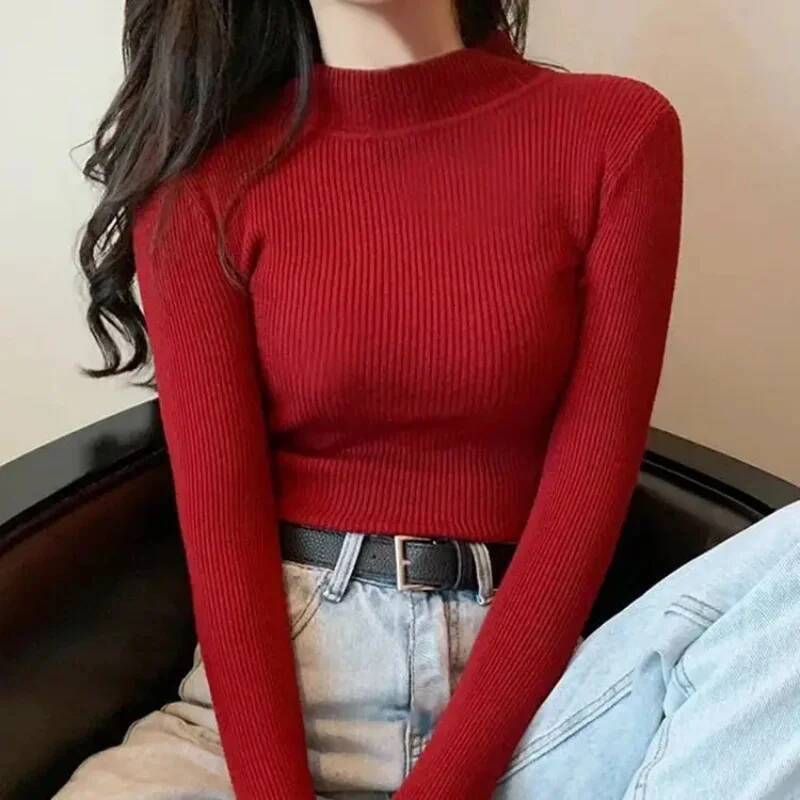 Autumn Winter Mock Neck Women Sweater Vintage Basic Solid Knitted Tops Casual Slim Pullover Korean Sweaters Simple Chic Jumpers dongdumaoyi