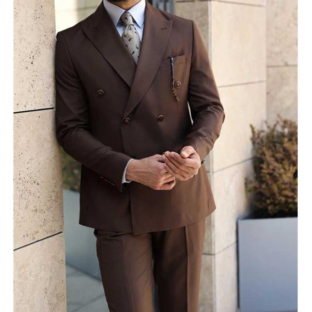 Chic Brown Male Suit Slim Fashion Peak Lapel Business Causal Clothing Two Piece Prom Wedding Party Tuxedo Costume Homme W250910