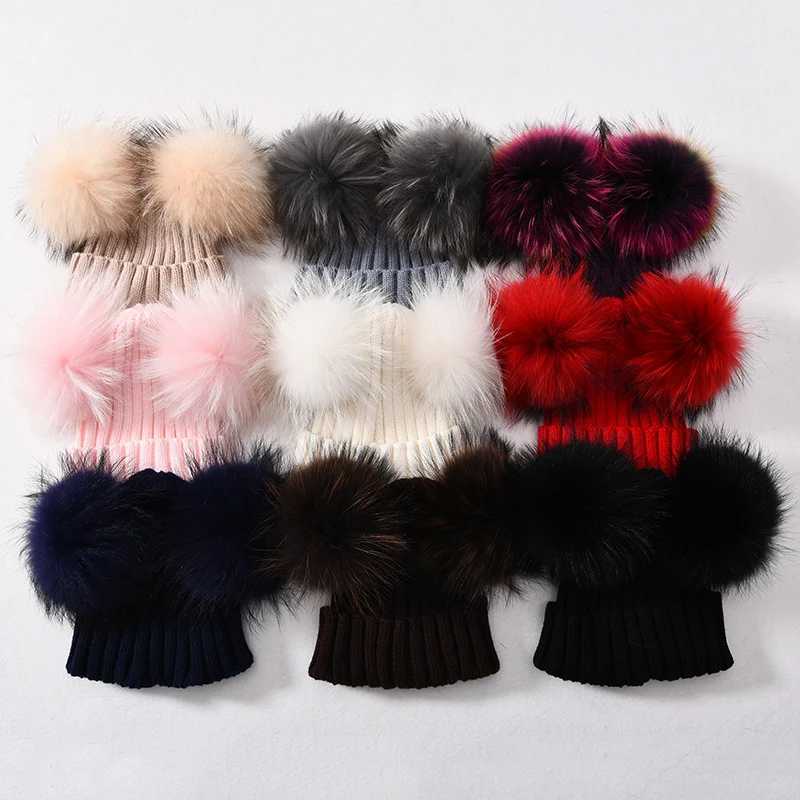 Winter Real Fur Ball Beanie Hat for Women Ladies Fluffy Double Natural Raccoon Fur Pom Skullies Beanie Hat With 2 Fur PompomXJ250910