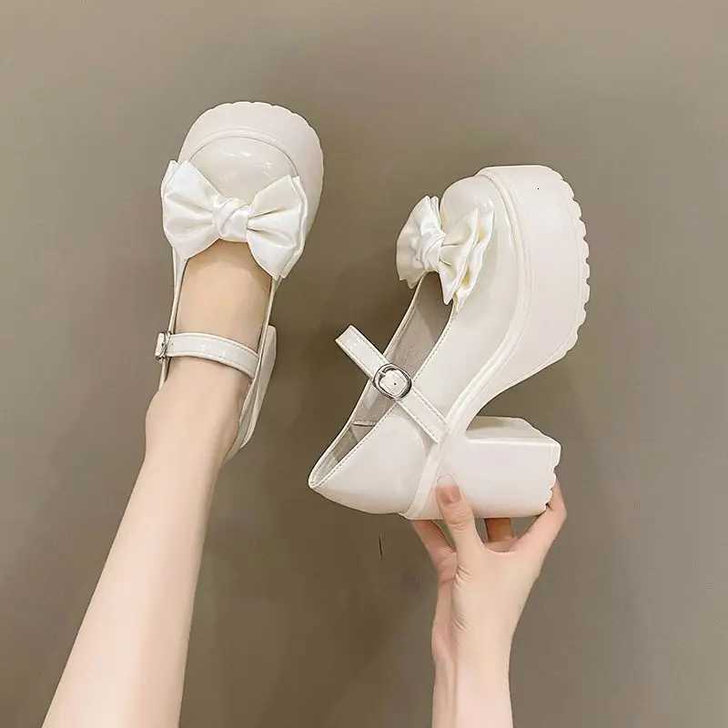 White Platform High Heels Women Mary Jane Chunky Heel Shoes Bows Elegant Woman Heeled Pumps Round Toe Shoes Womens Wedding Shoe W250910