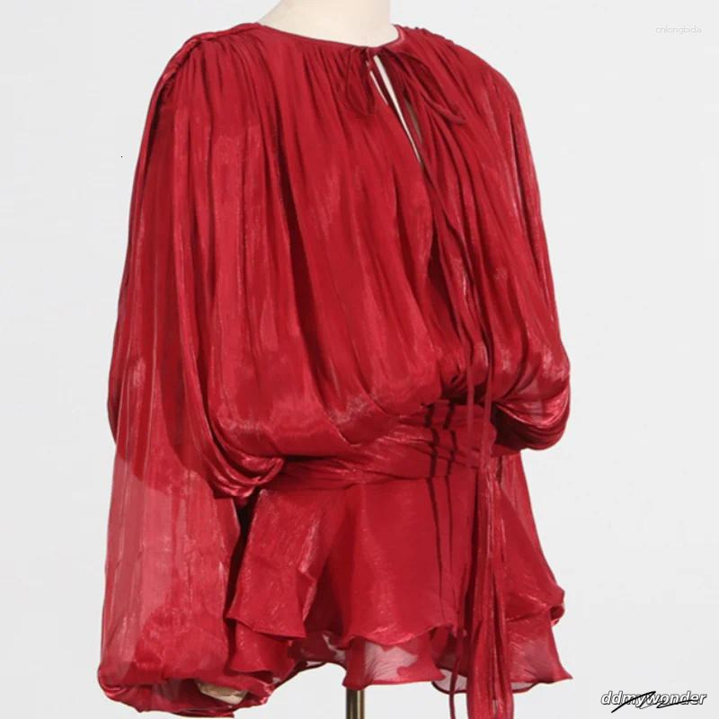 Casual Dresses Lace Up Women's Dress Elegant V Neck Long Lantern Sleeve Female Robe Spring Summer Chic Sweet Lady Party Holiday Vestidos