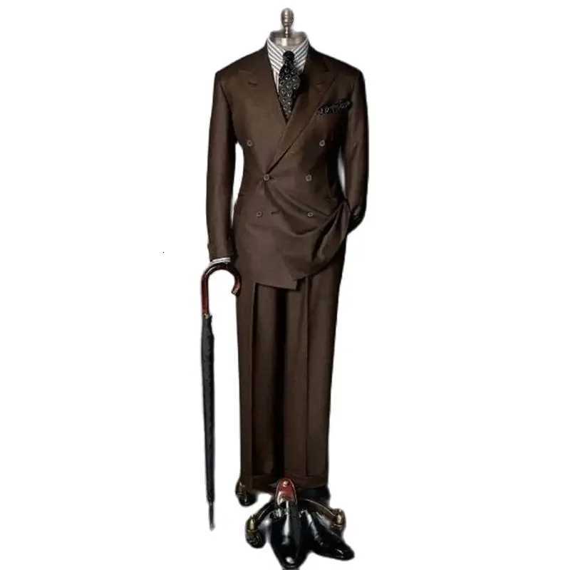 Brown Double Breasted Men Suit Gentlemen Peak Lapel Business Smart Casual 2 Piece Jacket Pants Male Clothing High Quality Blazer W250910