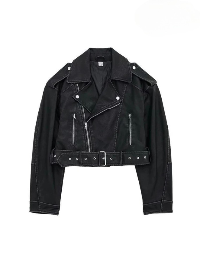 Women's Leather Outerwear Revival Jacket Belt Shoulder Badge Zipper Lapel Jacket Handsome Washed Leather Motorcycle Clothing