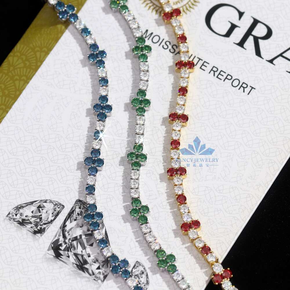 New Arrival 3mm VVS Moissanite Dia Iced Four Leaf Clover Cross Tennis Chain Bracelet Sier Fashionable Femme Design