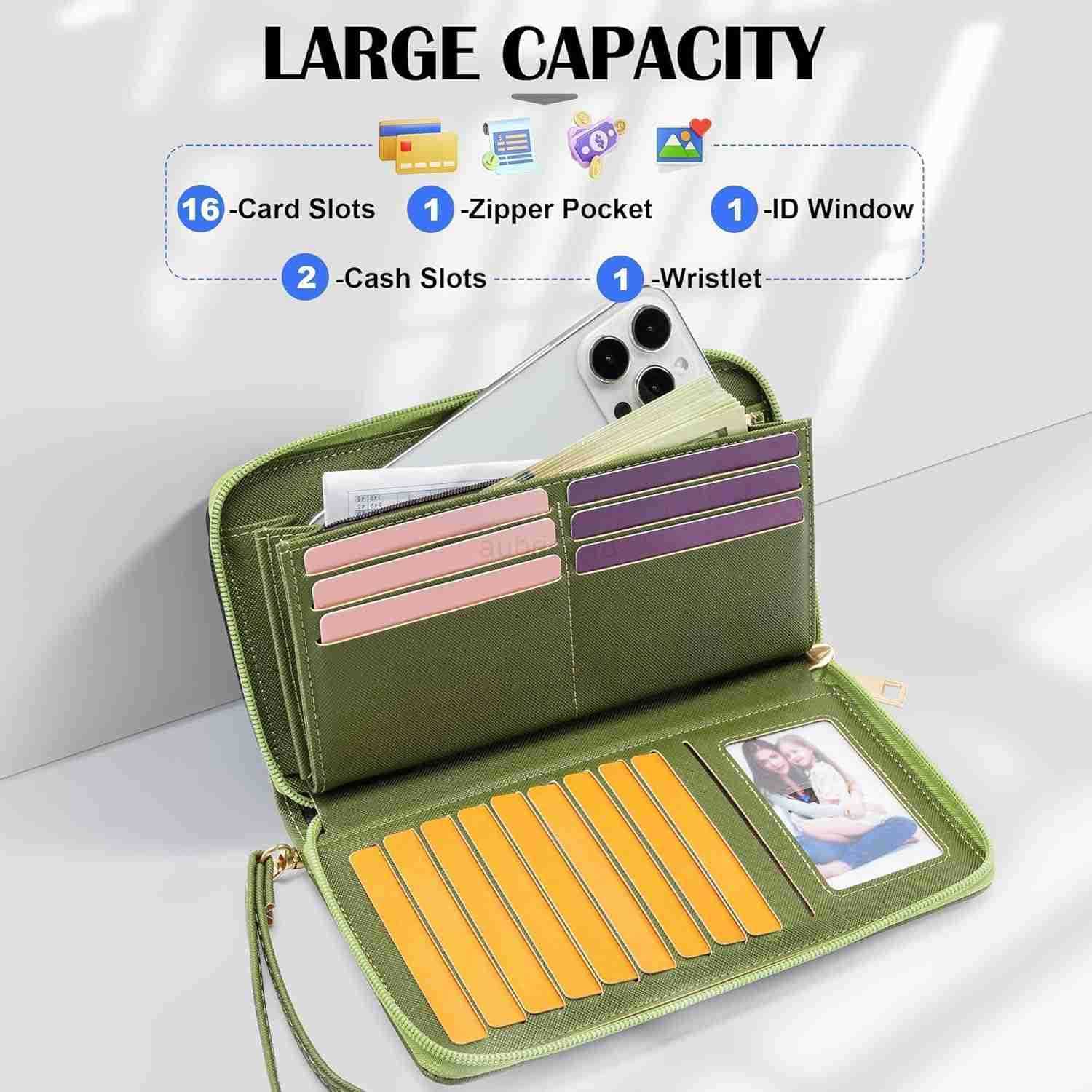 Womens Vegan Leather Clutch Wallet with Zip Hand Strap Large CapacityZ250910