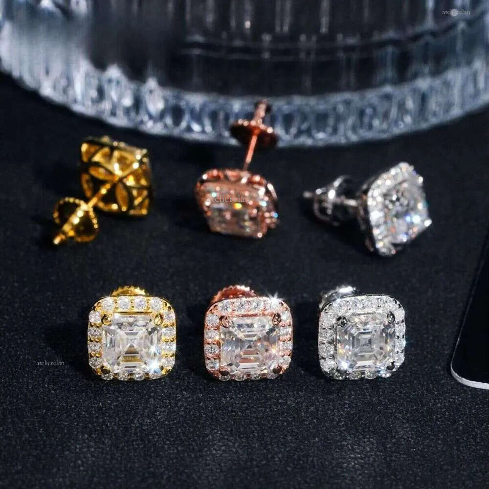 Tester Certified RTS Hip Hop Jewelry Sier Asscher Cut VVS Dia Moissanite Stud Earrings