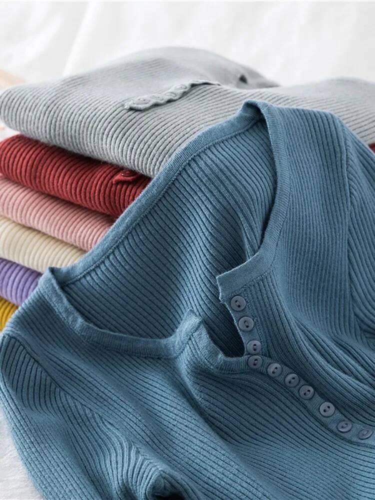 2025 Autumn Winter Button V Neck Sweater Basic Slim Pullover Women Sweaters And Pullovers Knit Jumper Soft Warm Tops dongdumaoyi