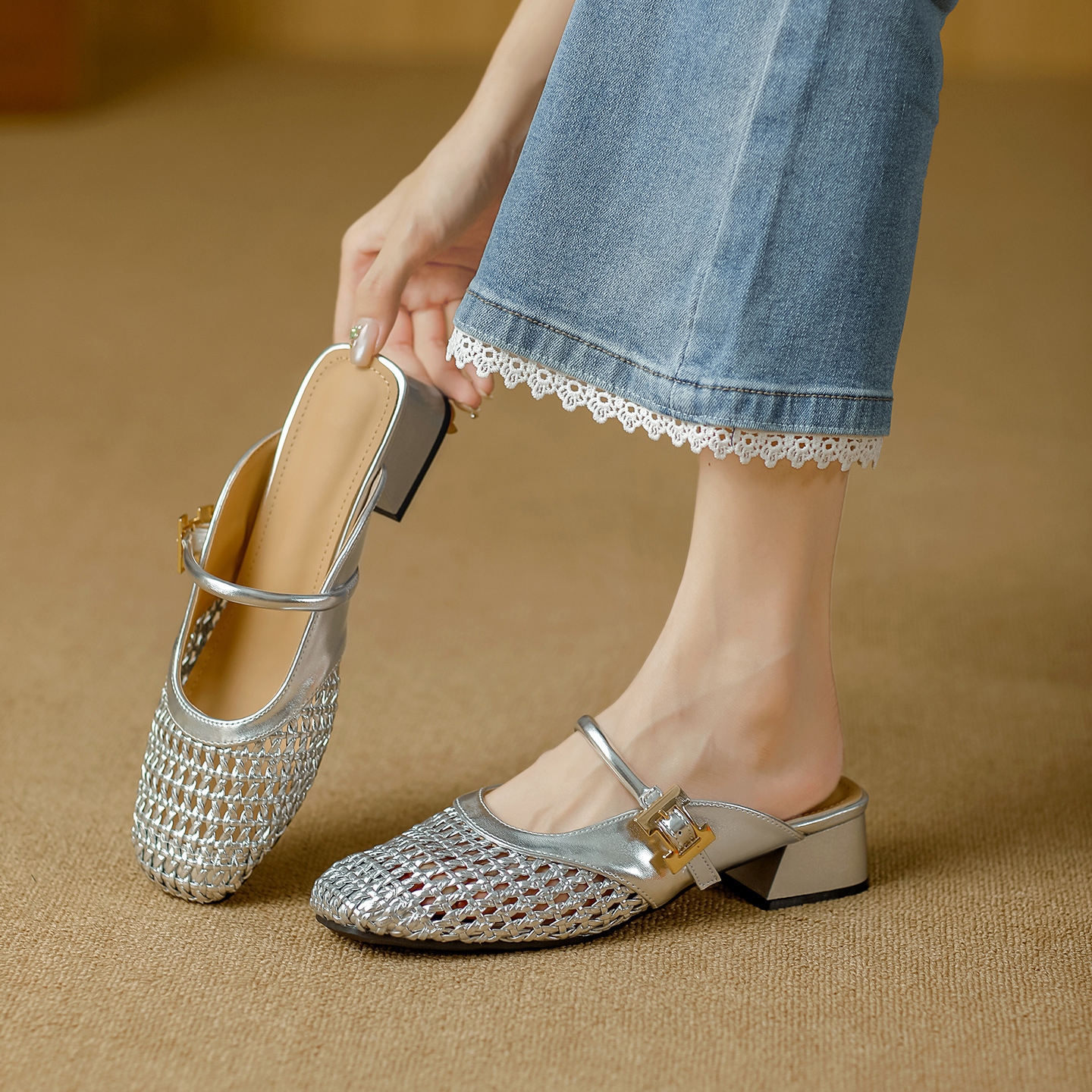 Designer high heels with mesh hollow toe closed flat shoes women's single strap woven half slippers simple high heels lazy slippers