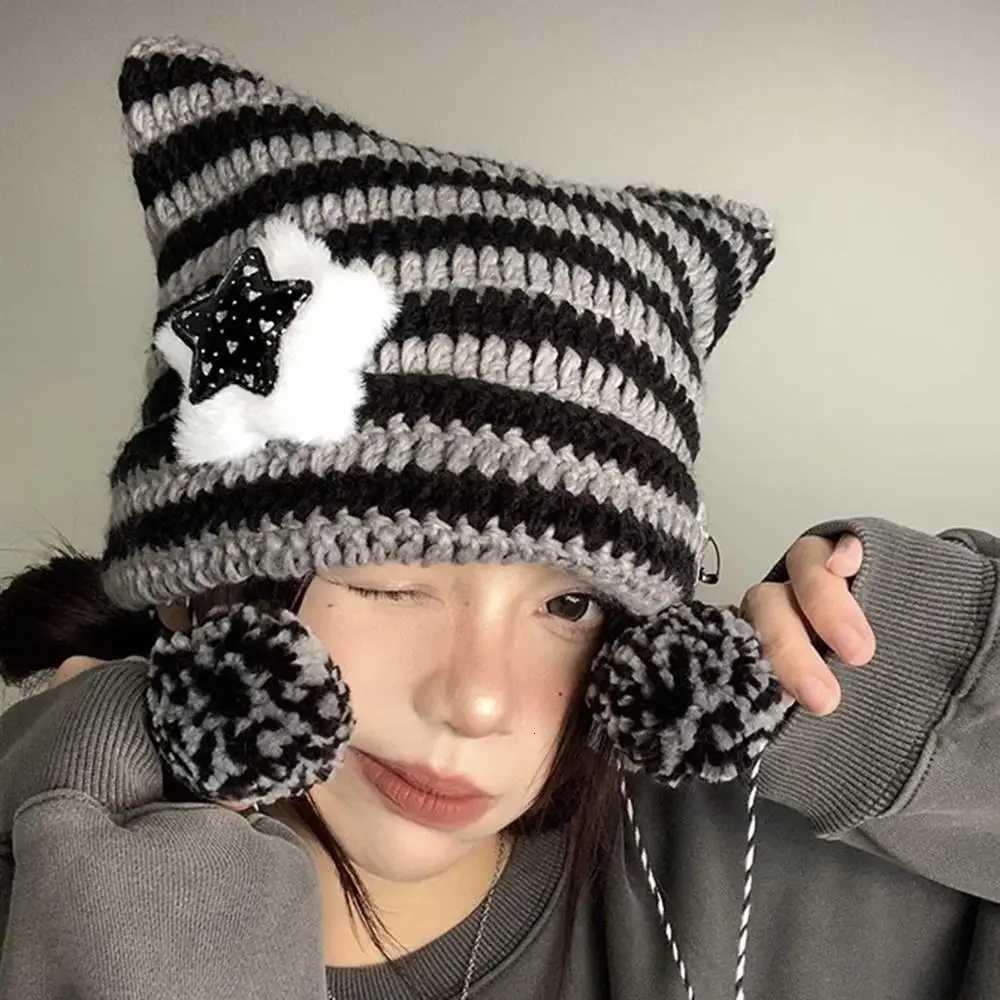Winter Striped Knitted Wool C Star Decor Hanging Ball Slouchy C Crochet Knitting Beanie Hat Cat Ears Pointed Pulr HatsXJ250910