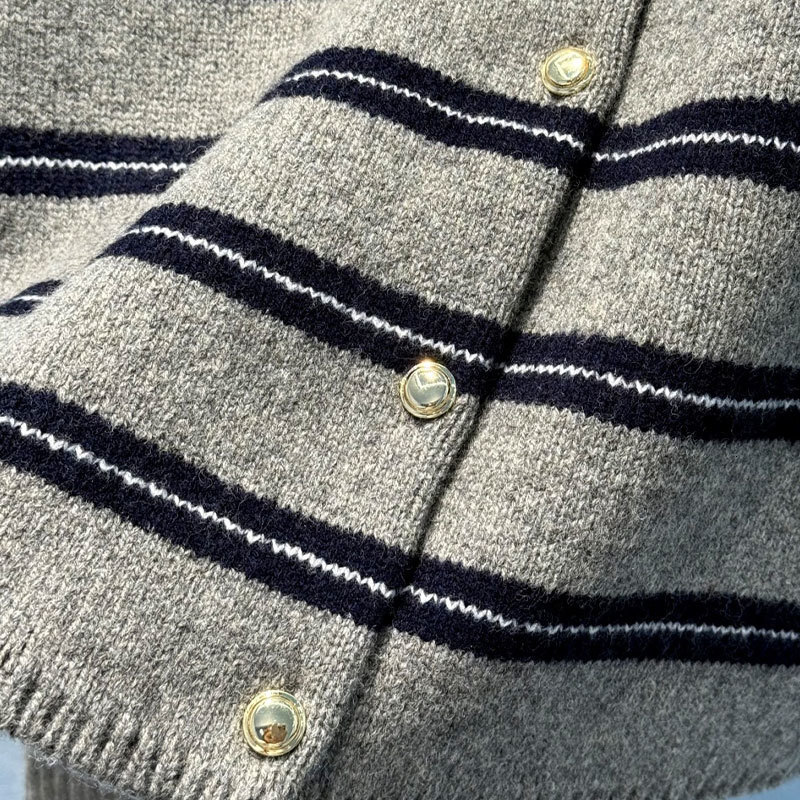 Designer Women's Gray Striped Knit Cardigan Luxury Round Neck Single Breached Sweater Cashmere Wool Blend Classic Long Sleeve Letter Embroidery C