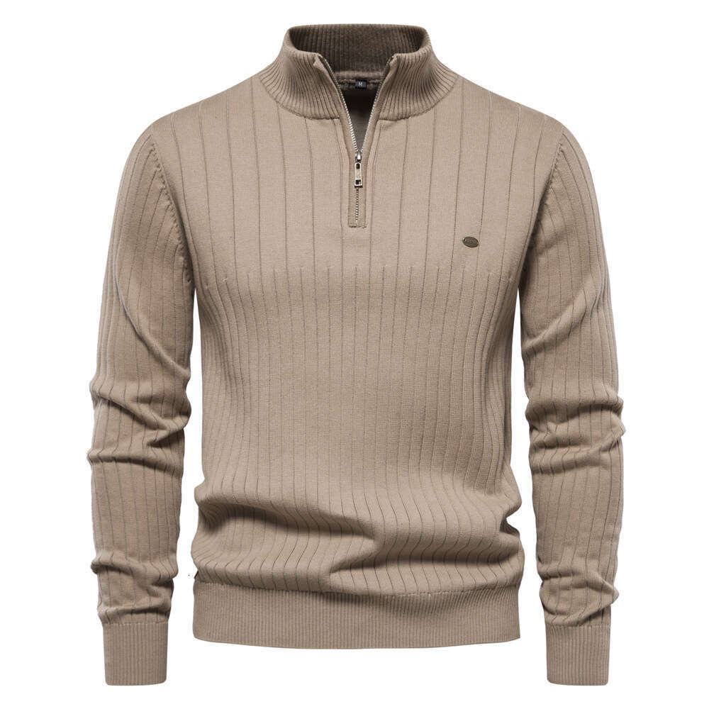 New Autumn and Winter European Style Stand Up Collar Sweater with Half Zipper, Solid Color Knit Sweater, High-Quality Men's Clothing