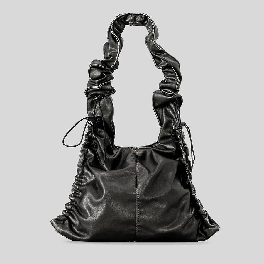 Vintage Ruched Drawsting Women Shoulder Bags Casual Hobos Lady Handbags Pu Leather Underarm Bag Y2K Tote Purses high-quality