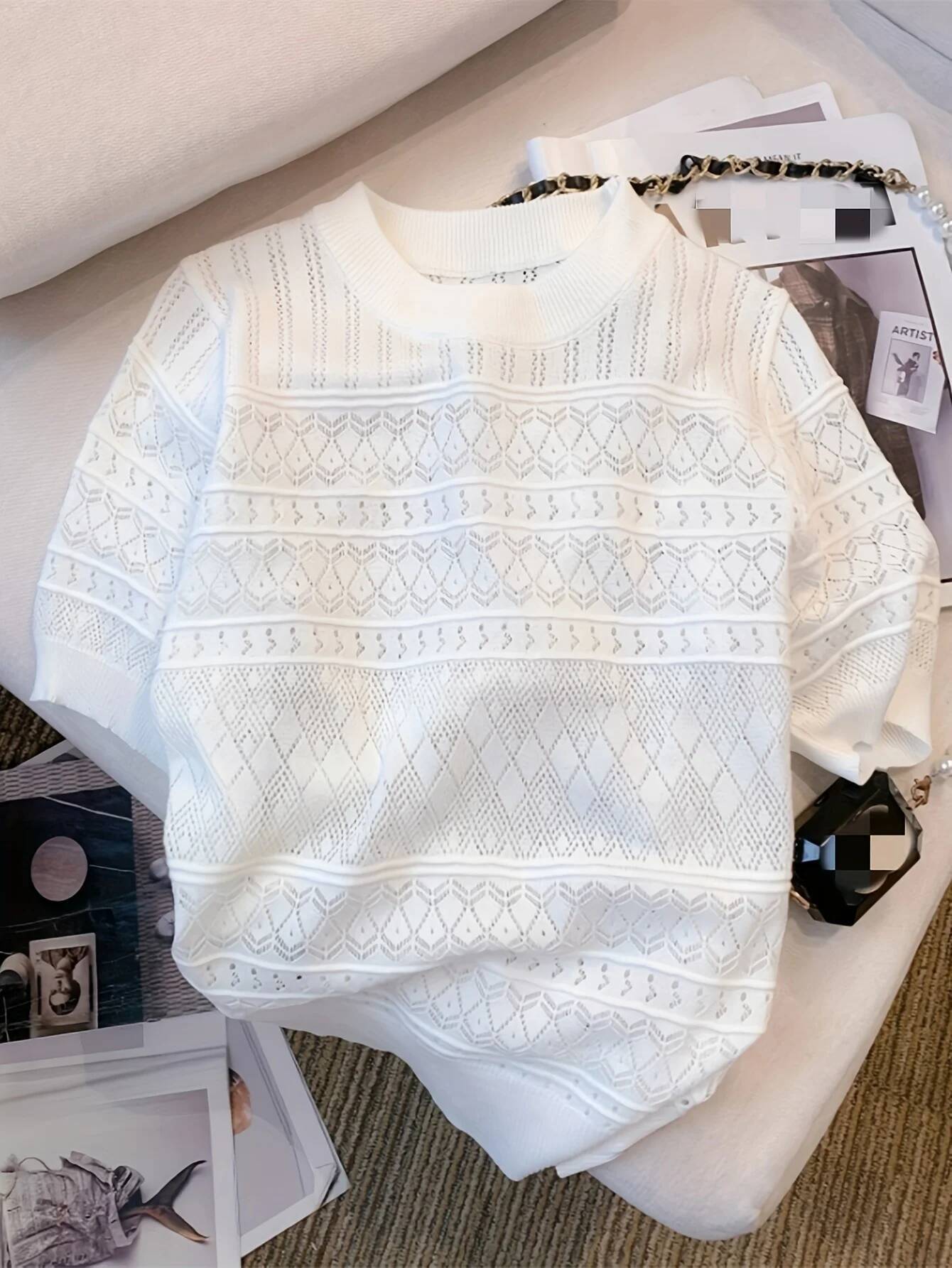2026 New Summer Thin Hollow Out Crew Neck Pullover Sweater Versatile Short Sleeve Knitted Top For Spring & Women's Clothing dongdumaoyi