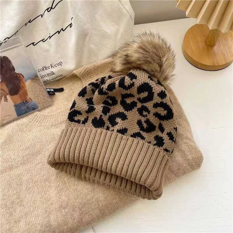 Women Knit Beanie Winter Warm Slouchy Hat with Leopard Print Faux Fur Pom Folded Brim Skull C for WomenXJ250910